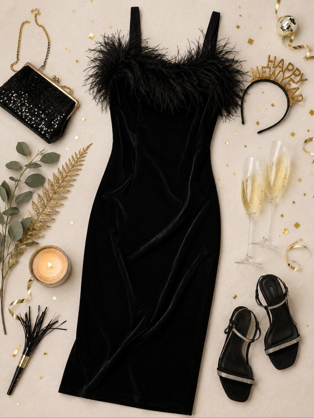 Alex Evening VTG 90s Black Velvet Feathered Sleeveless Formal Gown. Ladies 16W